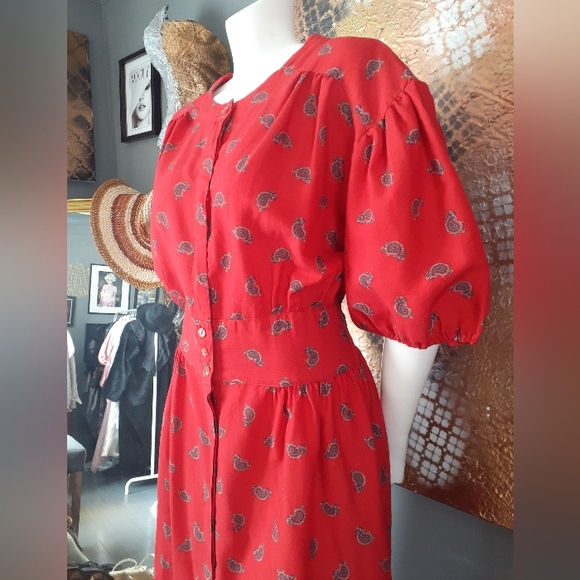 Vintage 1980's Red Paisley Print Midi Dress - Picture 9 of 16